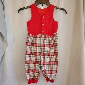 Mufflings Vintage Plaid Romper 3T Red‎ White Gold Buttons Made in USA christmas